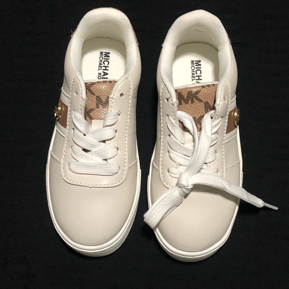 Michael Kors Girls Youth Trainer Sneakers, Size 12, Beige/ Brown, Logo